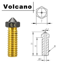 Сопло латунне для 3D принтеру VOLCANO, 0.4mm з PTFE покриттям