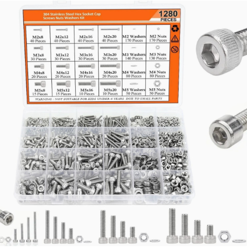 Набір болтів, гайок та шайб M2, M3, M4, M5 із нержавіючої сталі - 1280 шт. DIN 912 (шестигранна головка)